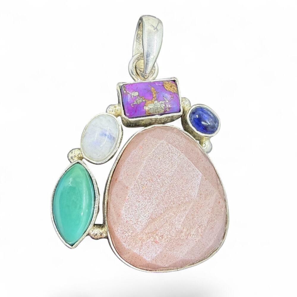 Peach Moonstone Copper Turquoise Blue Kyanite White Metal Alloy Pendant No Chain